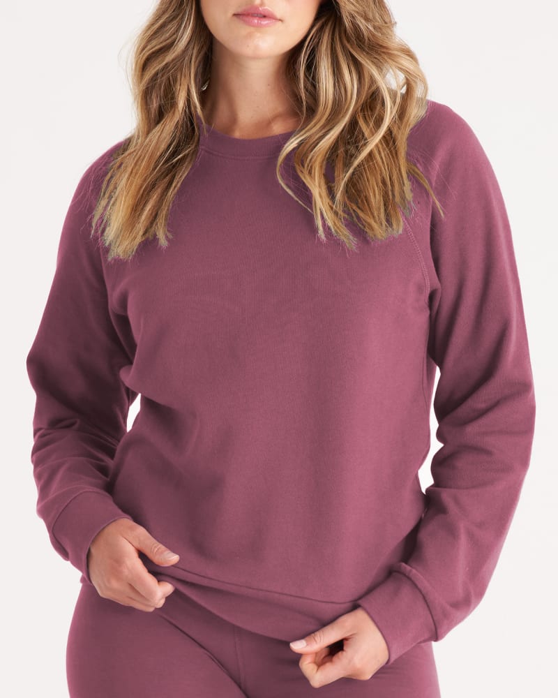 Front of a model wearing a size 3X The Raglan Sweatshirt in Plum by The Standard Stitch. | dia_product_style_image_id:250475